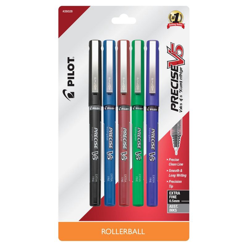 slide 1 of 3, Pilot 5ct Precise V5 Rolling Ball Pens Extra Fine Point 0.5mm Assorted Inks: Precision Inks, Visible Ink Supply, Stationery, 5 ct