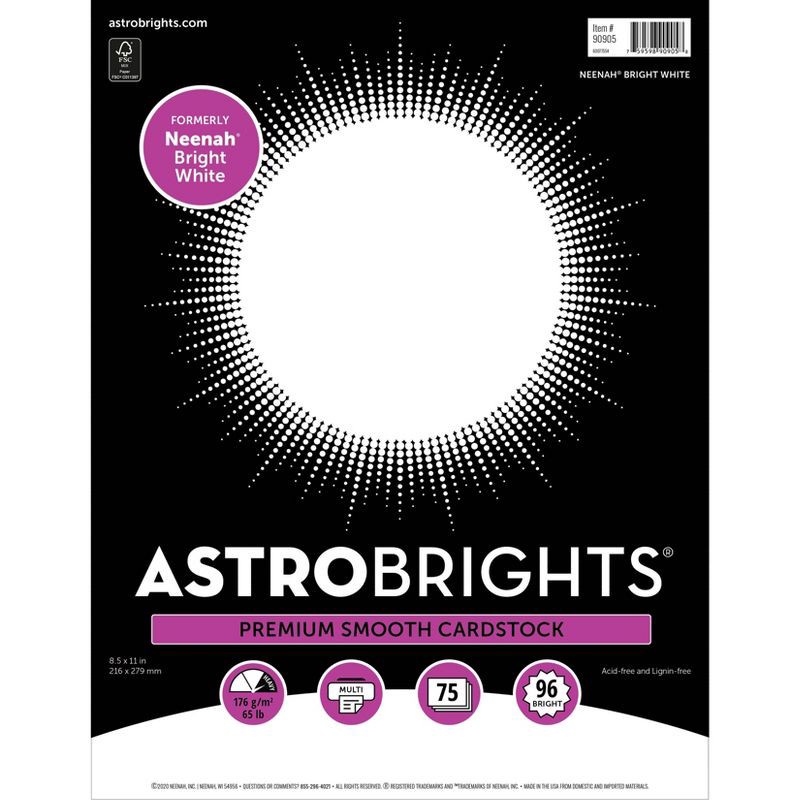 slide 2 of 6, Astrobrights Neenah Cardstock 8.5" x 11" 65lb 75ct Bright White, 65 lb, 75 ct