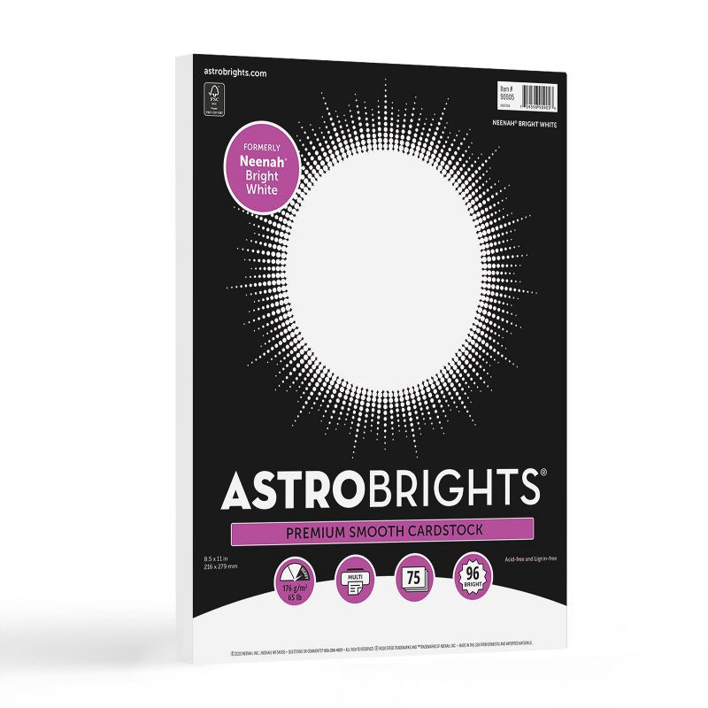 slide 1 of 6, Astrobrights Neenah Cardstock 8.5" x 11" 65lb 75ct Bright White, 65 lb, 75 ct