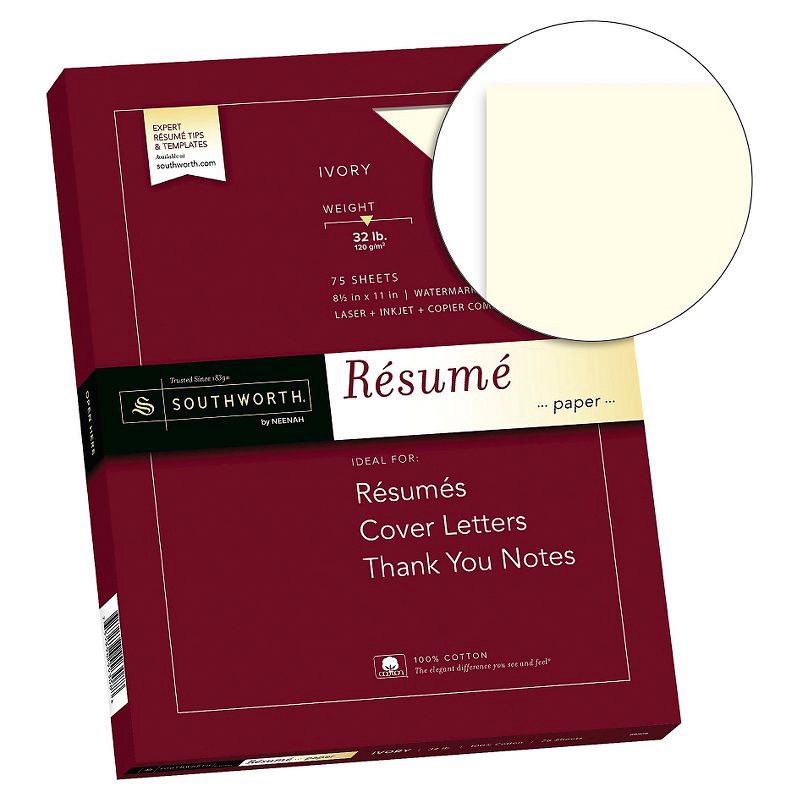 slide 2 of 4, 8.5" x 11" 75-Sheet 100% Cotton Résumé Paper 32 lb Wove Finish, Ivory - Southworth, 32 lb