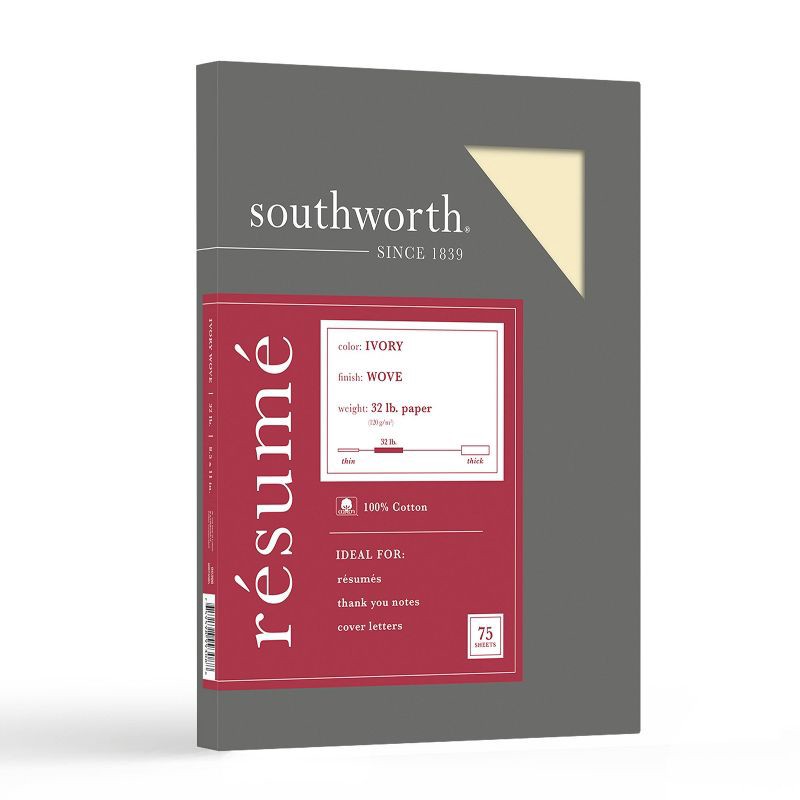 slide 1 of 4, 8.5" x 11" 75-Sheet 100% Cotton Résumé Paper 32 lb Wove Finish, Ivory - Southworth, 32 lb