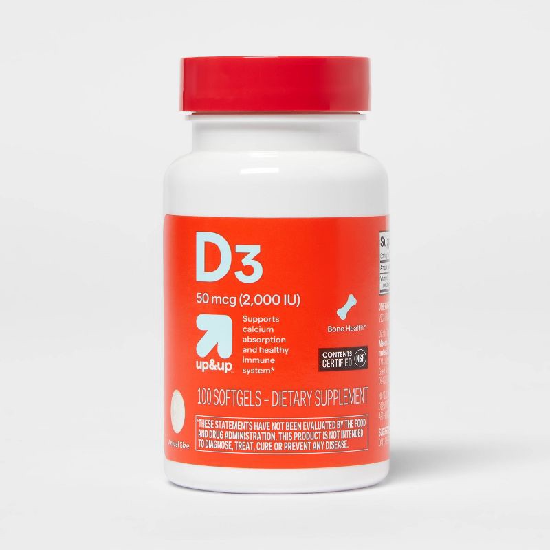 slide 1 of 4, Vitamin D3 2000 IU (50 mcg) Bone Health and Immune Support Softgels - 100ct - up&up™, 100 ct