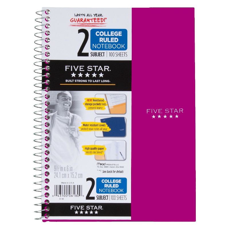 slide 1 of 6, Five Star 2 Subject College Ruled Solid Spiral Notebook (Colors May Vary), 1 ct