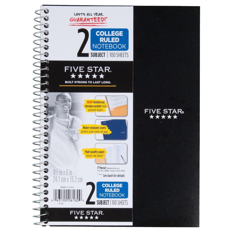 slide 2 of 6, Five Star 2 Subject College Ruled Solid Spiral Notebook (Colors May Vary), 1 ct