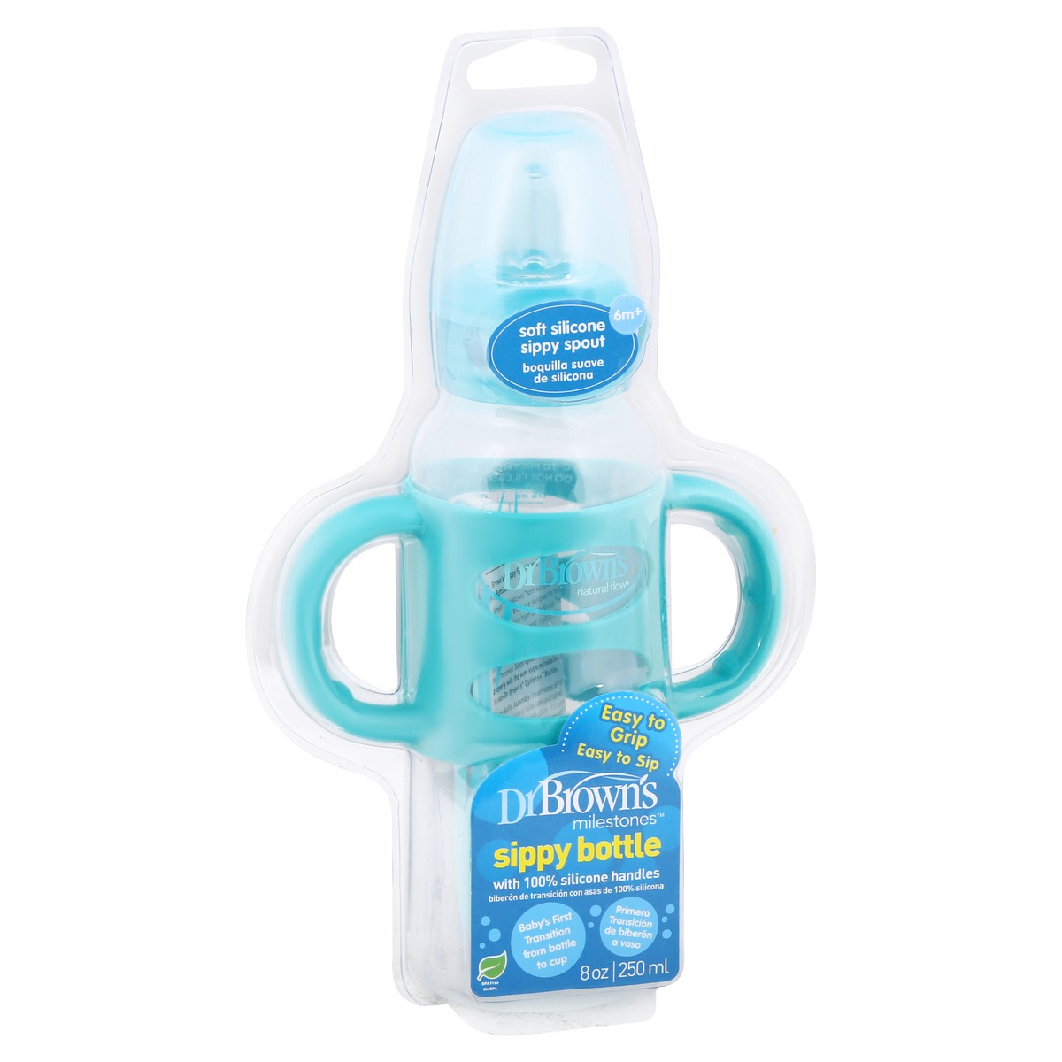 slide 4 of 8, Dr. Brown's Transition Bottle With Sippy Spout and Silicone Handles, 8oz/250ml - Turquoise, 1 ct