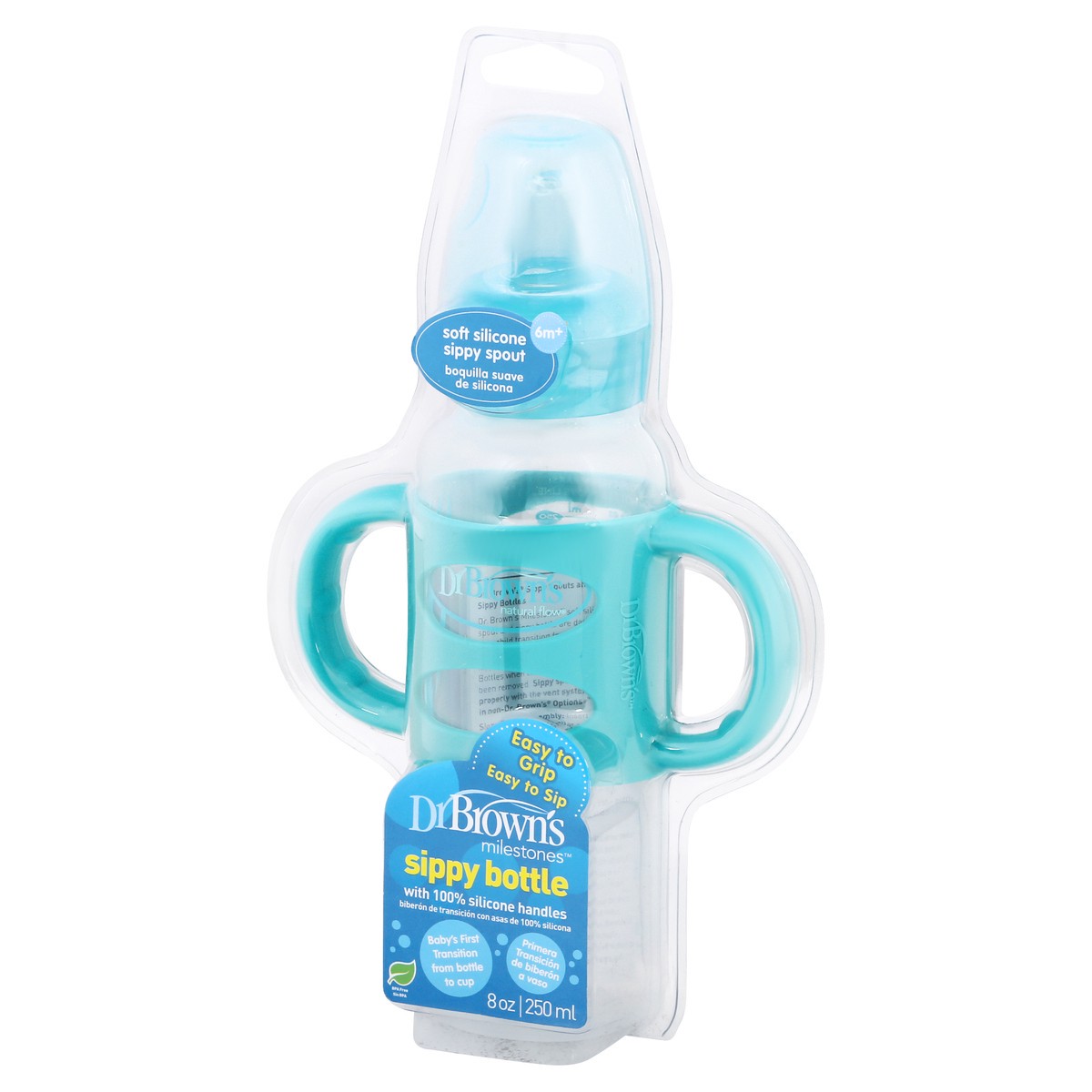 slide 6 of 8, Dr. Brown's Transition Bottle With Sippy Spout and Silicone Handles, 8oz/250ml - Turquoise, 1 ct