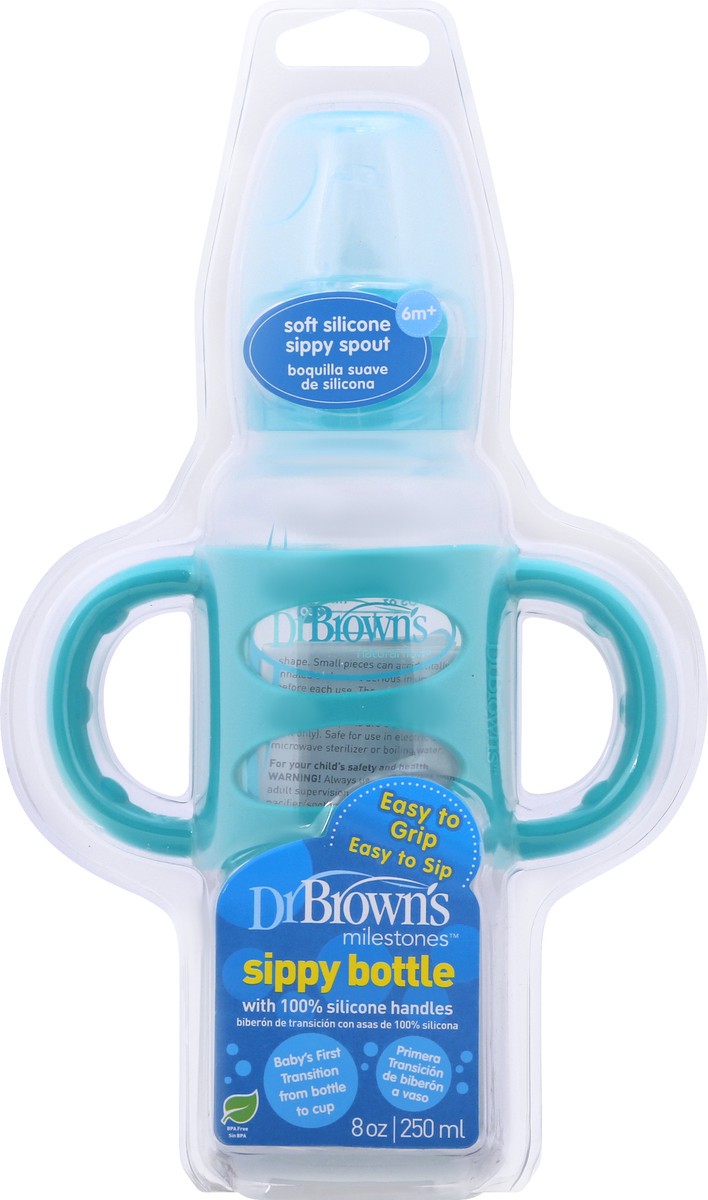 slide 3 of 8, Dr. Brown's Transition Bottle With Sippy Spout and Silicone Handles, 8oz/250ml - Turquoise, 1 ct