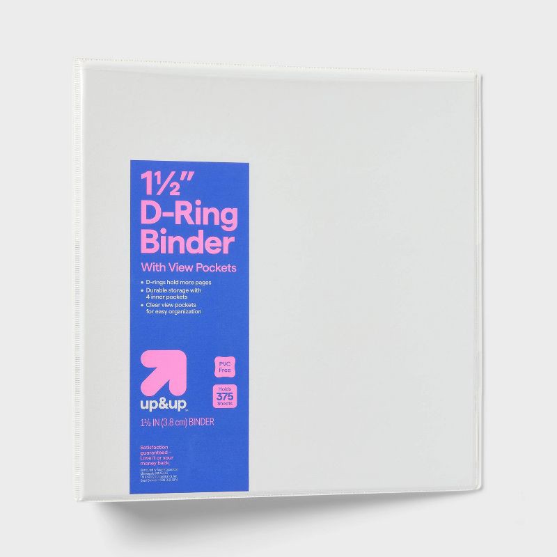 slide 1 of 3, 1.5" 3 Ring Binder Clear View White - up&up™: D Rings, 375 Sheet Capacity, 4 Internal Pockets, Polypropylene, 375 sheets