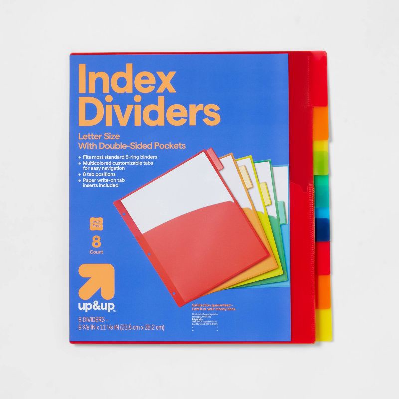 slide 1 of 3, 8ct Tabbed Plastic Index Dividers with Pockets - up&up™: Multicolor 3 Hole Punched Binder Dividers, 8 ct