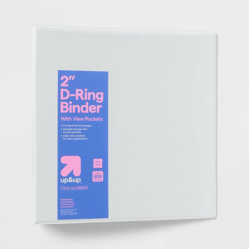 slide 1 of 3, 2" 3 Ring Binder Clear View White - up&up™: D Rings, 500 Sheet Capacity, Internal Pockets, Polypropylene, 1 ct