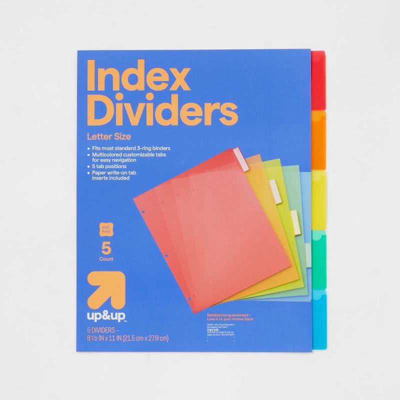slide 1 of 3, 5ct Plastic Letter Index Dividers - up&up™: Multicolor 3 Hole Punched Binder Dividers, Reusable Polypropylene, 11"x8.5", 5 ct