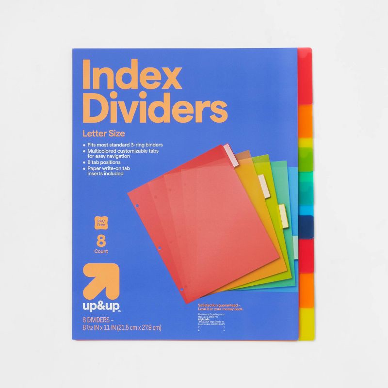 slide 1 of 3, 8ct Plastic Letter Index Dividers - up&up™: Multicolor Polypropylene Binder Dividers, 3 Hole Punched, Reusable, 8 ct