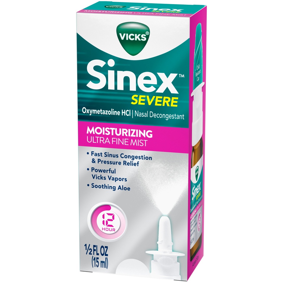 slide 2 of 2, Vicks Sinex SEVERE Nasal Spray, Moisturizing Ultra Fine Mist with Aloe, Decongestant Medicine, Relief from Stuffy Nose due to Cold or Allergy, & Nasal Congestion, Sinus Pressure Relief, 265 Sprays, 15 ml