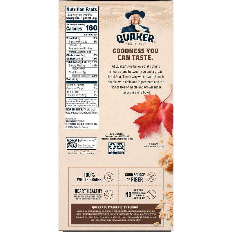 slide 3 of 8, Quaker Instant Maple & Brown Sugar Flavored Oatmeal - 27.3oz/18ct, 27.3 oz, 18 ct