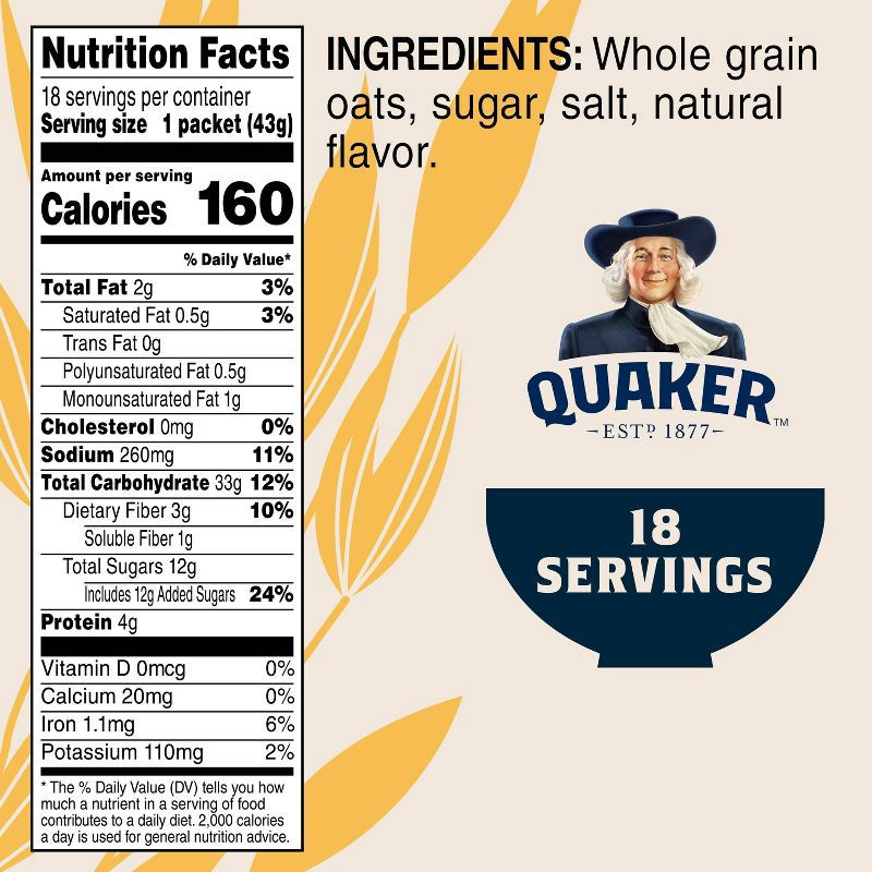 slide 4 of 8, Quaker Instant Maple & Brown Sugar Flavored Oatmeal - 27.3oz/18ct, 27.3 oz, 18 ct