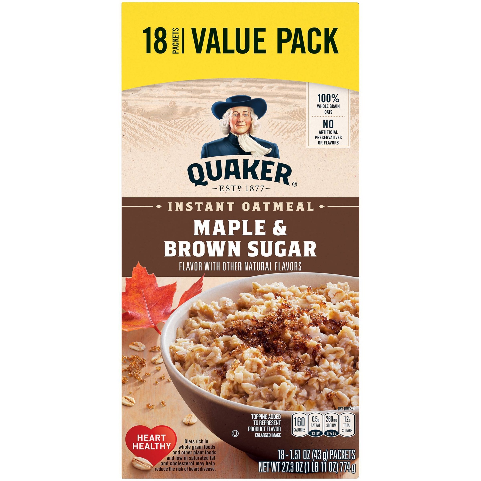 slide 1 of 6, Quaker Instant Oatmeal Maple & Brown Sugar 18 Packets, 1 ct