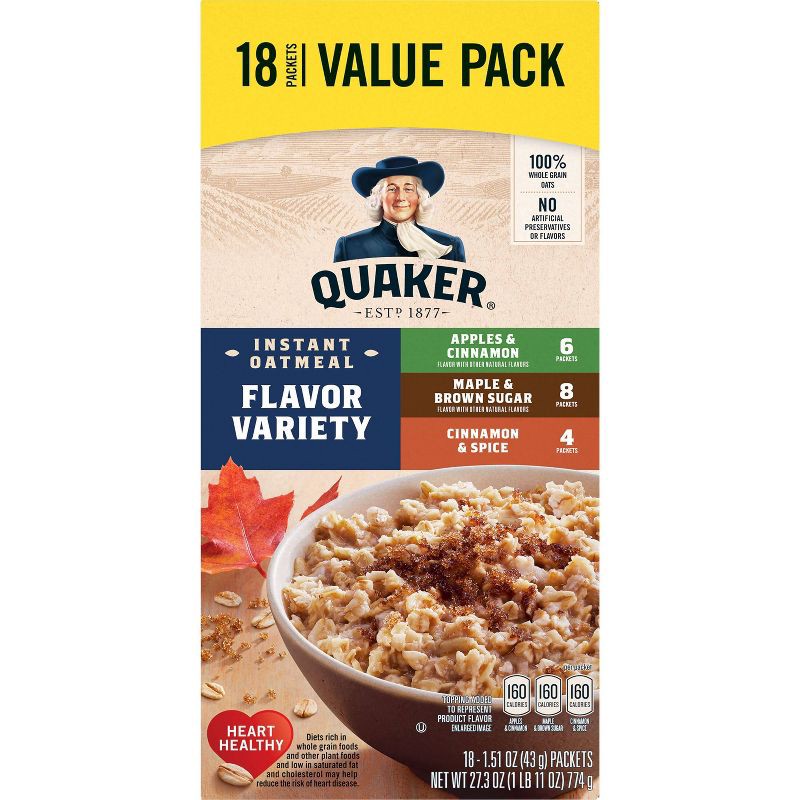 slide 2 of 8, Quaker Flavor Variety Instant Oatmeal - 18ct / 27.3oz, 18 ct, 27.3 oz