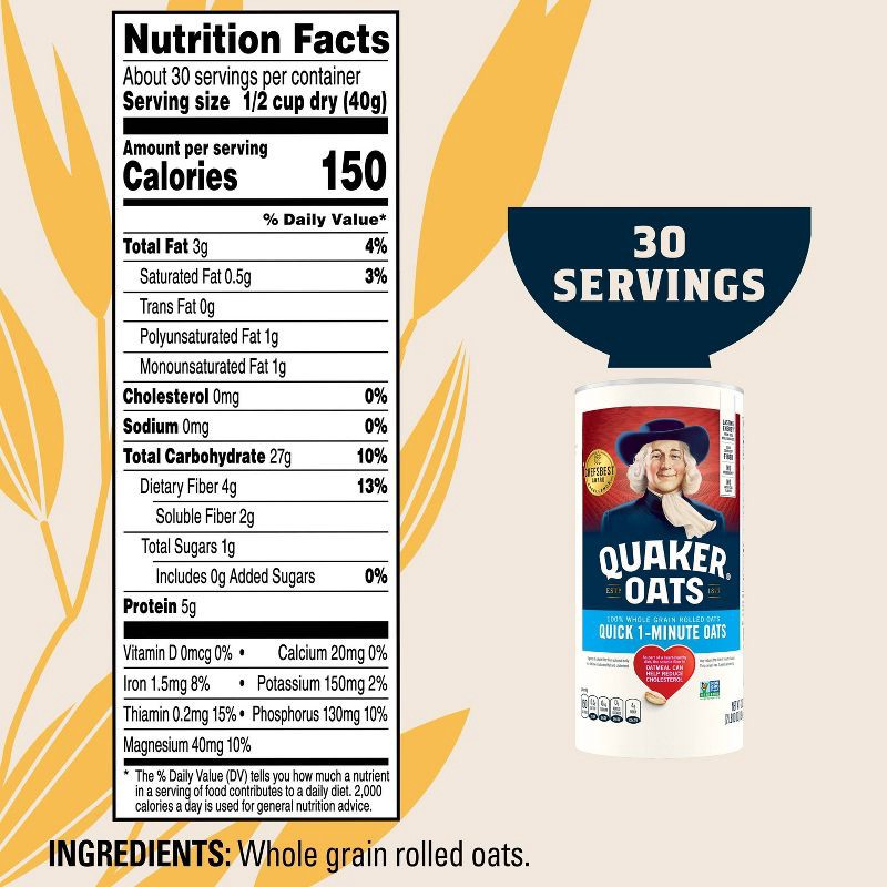 slide 2 of 8, Quaker Whole Grain Quick 1-Minute Oats - 42oz, 42 oz