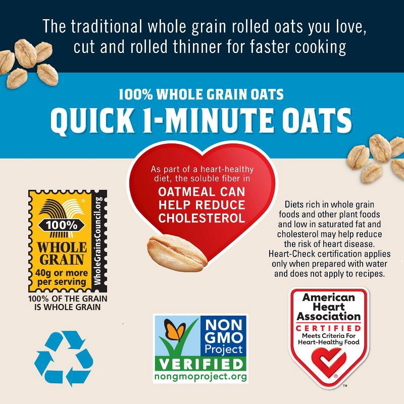 slide 3 of 8, Quaker Whole Grain Quick 1-Minute Oats - 42oz, 42 oz