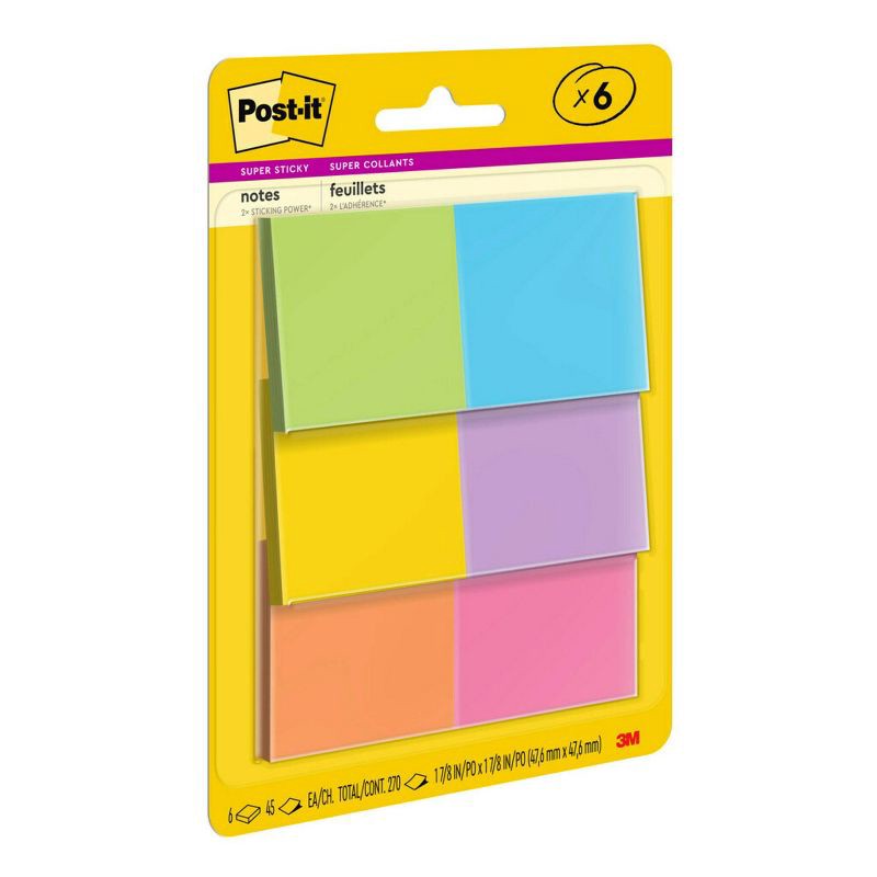 slide 10 of 21, Post-it® Super Sticky Notes, 1 7/8 in. x 1 7/8 in., Energy Boost Collection, 6 Pads/Pack, 45 Sheets/Pad: Multicolor, Uncoated Paper, 1 ct