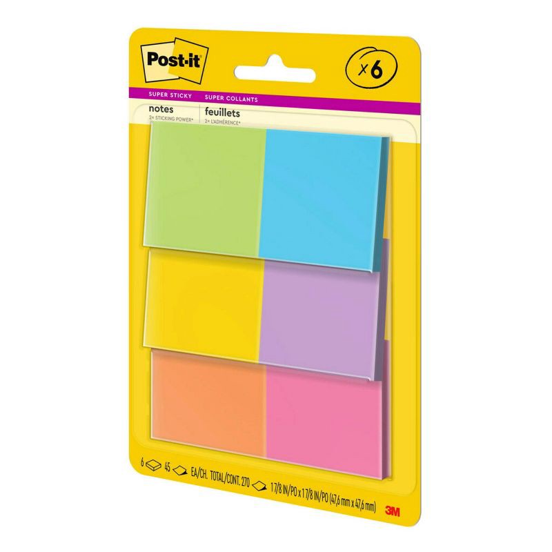 slide 11 of 21, Post-it® Super Sticky Notes, 1 7/8 in. x 1 7/8 in., Energy Boost Collection, 6 Pads/Pack, 45 Sheets/Pad: Multicolor, Uncoated Paper, 1 ct