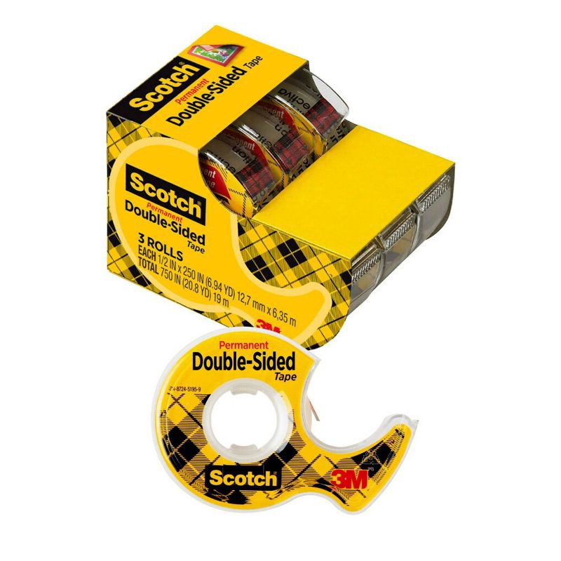 slide 1 of 10, Scotch Double Sided Tape, Office and School Supplies, 0.5 in. x 250 in., 3 Tape Rolls With Tape Dispenser, 1 ct