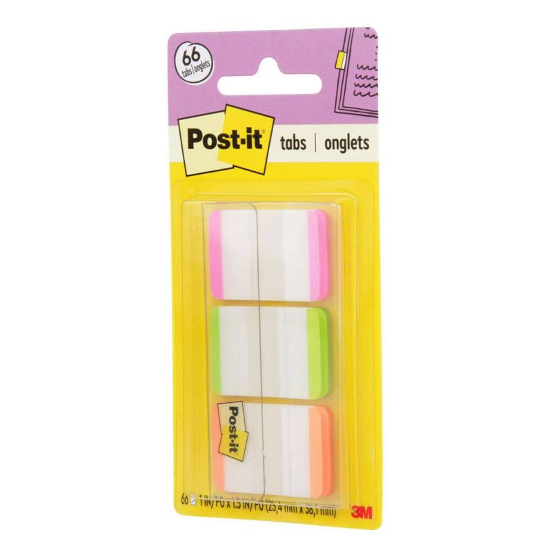 slide 3 of 8, Post-it 66ct 1" Repositionable Filing Tabs with On-the-Go Dispenser - Pink/Green/Orange, 66 ct