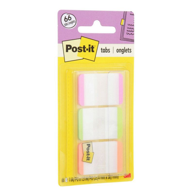 slide 4 of 8, Post-it 66ct 1" Repositionable Filing Tabs with On-the-Go Dispenser - Pink/Green/Orange, 66 ct