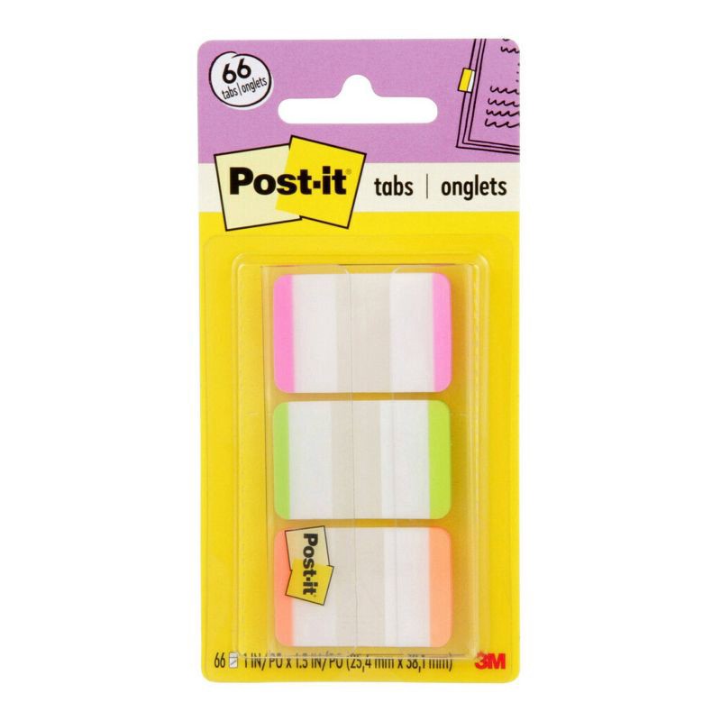 slide 1 of 8, Post-it 66ct 1" Repositionable Filing Tabs with On-the-Go Dispenser - Pink/Green/Orange, 66 ct