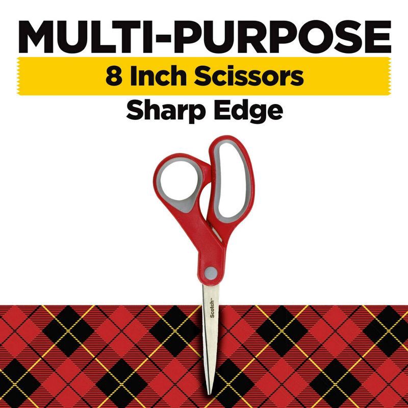 slide 2 of 14, Scotch 2pk Multi-Purpose 8" Scissors: Stainless Steel, Office & School, Wrapping, Non-Powered Desk Tools, Red, 2 ct