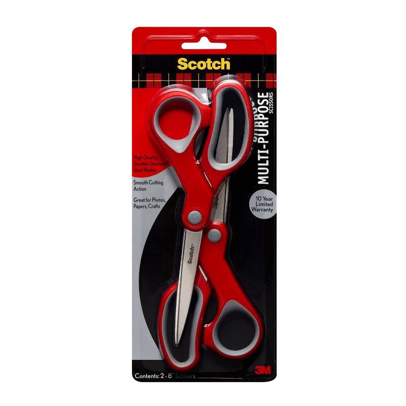 slide 1 of 14, Scotch 2pk Multi-Purpose 8" Scissors: Stainless Steel, Office & School, Wrapping, Non-Powered Desk Tools, Red, 2 ct