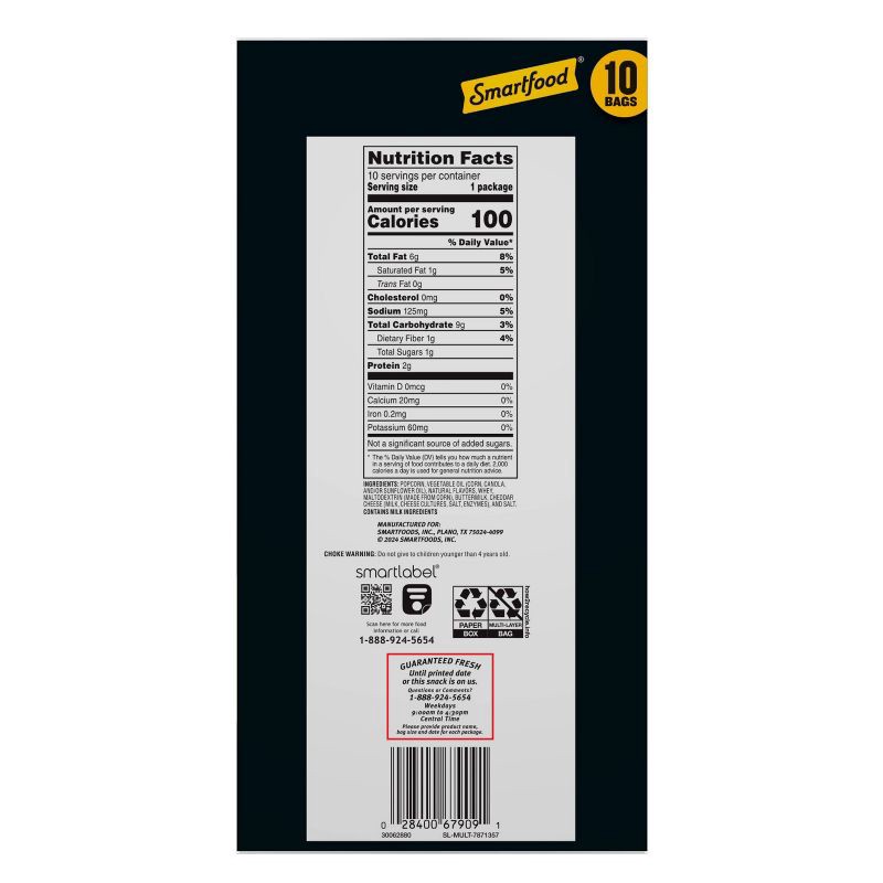 slide 7 of 7, Smartfood White Cheddar Cheese Flavored Popcorn Multipack - 6.25oz/10ct, 6.25 oz, 10 ct