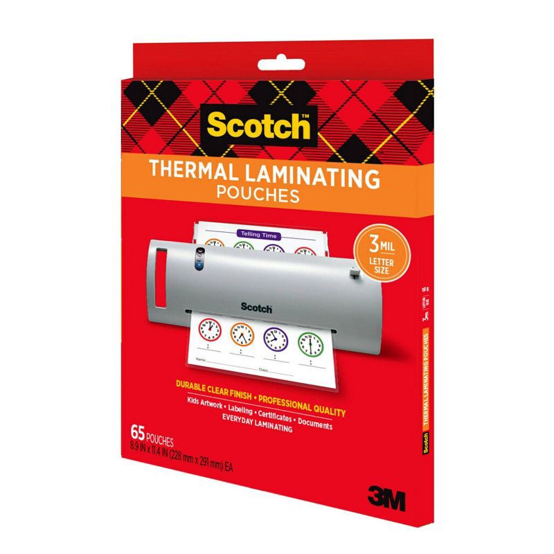 slide 2 of 9, Scotch 65ct 9" x 11" Thermal Laminating Pouches Clear: Laminator Supplies, 8.9" x 11.4", 1.88 lbs, 65 Pack, 65 ct, 1.88 lb, 65 ct