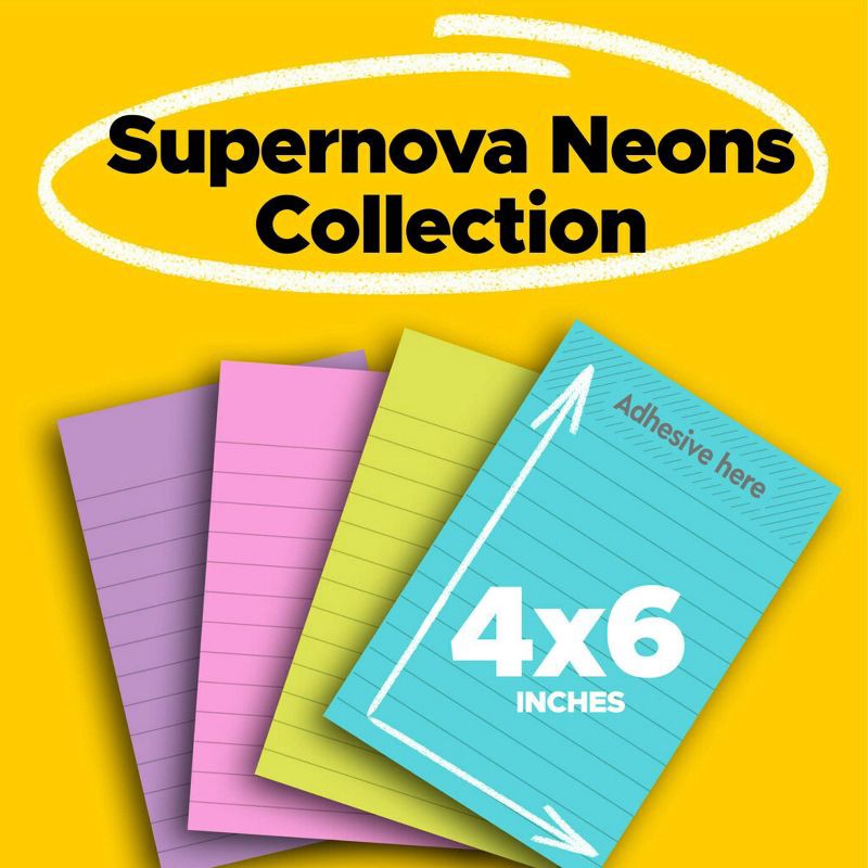 slide 3 of 24, Post-it® Super Sticky Notes, 4 in. x 6 in., Supernova Neons Collection, 4 Pads/Pack, 45 Sheets/Pad, Lined, 1 ct