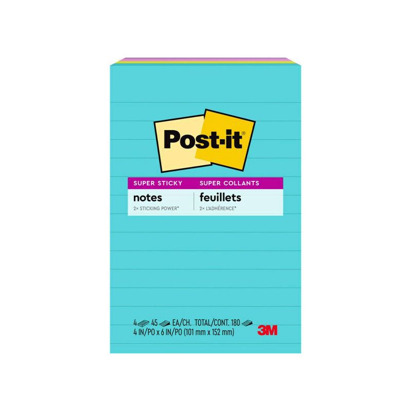 slide 20 of 24, Post-it® Super Sticky Notes, 4 in. x 6 in., Supernova Neons Collection, 4 Pads/Pack, 45 Sheets/Pad, Lined, 1 ct