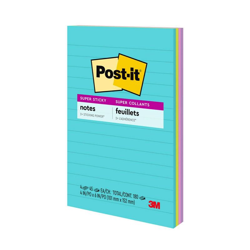 slide 23 of 24, Post-it® Super Sticky Notes, 4 in. x 6 in., Supernova Neons Collection, 4 Pads/Pack, 45 Sheets/Pad, Lined, 1 ct