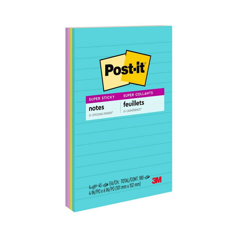 slide 24 of 24, Post-it® Super Sticky Notes, 4 in. x 6 in., Supernova Neons Collection, 4 Pads/Pack, 45 Sheets/Pad, Lined, 1 ct