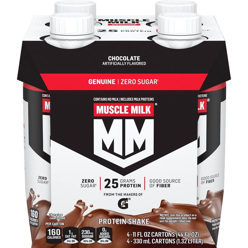 slide 1 of 5, Muscle Milk Genuine Protein Shake - Chocolate - 11 fl oz/4pk, 4 ct; 11 fl oz