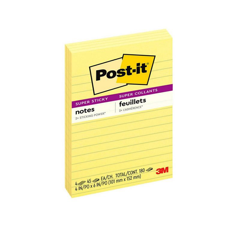 slide 2 of 11, Post-it 4pk 4" x 6" Lined Super Sticky Notes 45 Sheets/Pad - Canary Yellow, 4 ct, 45 sheets