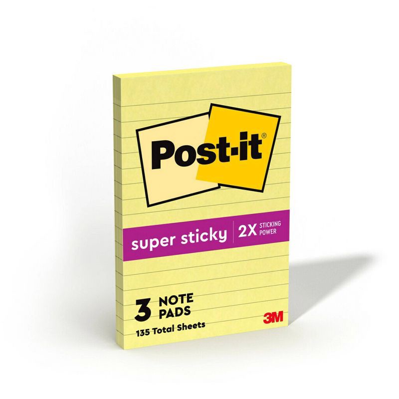 slide 1 of 11, Post-it 4pk 4" x 6" Lined Super Sticky Notes 45 Sheets/Pad - Canary Yellow, 4 ct, 45 sheets