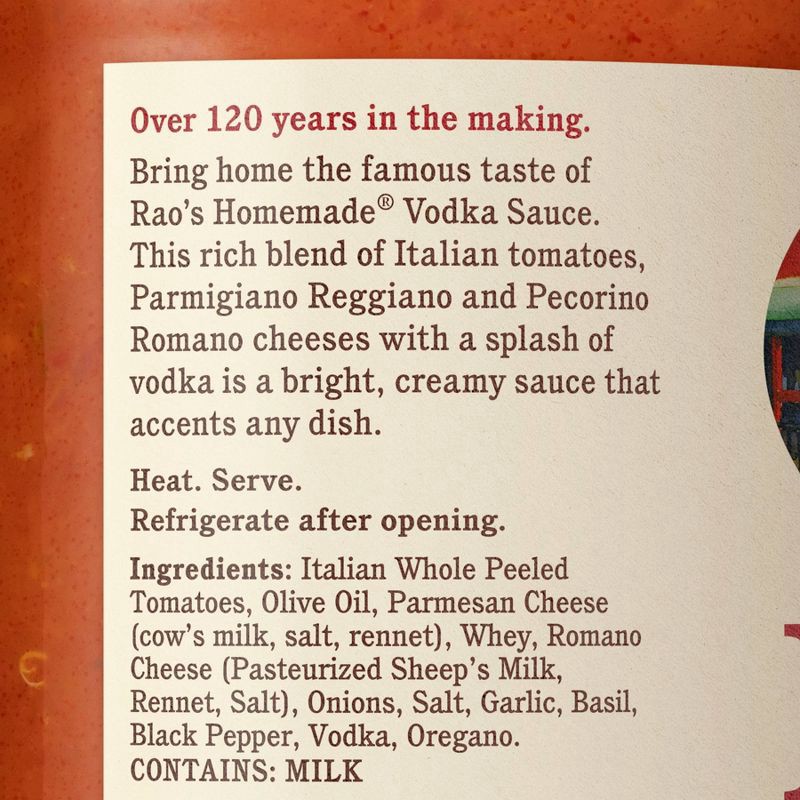 slide 5 of 6, Rao's Homemade Creamy Vodka Sauce with Parmigiano & Pecorino Cheese Premium Quality All Natural Keto Friendly & Carb Conscious - 24oz, 24 oz