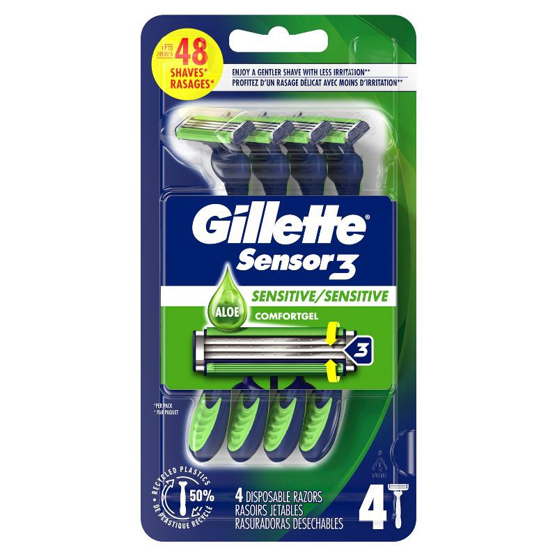 slide 2 of 12, Gillette Sensor3 Sensitive Men's Disposable Razors - 4ct, 4 ct
