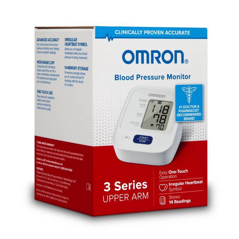 slide 2 of 5, Omron 3 Series Upper Arm Blood Pressure Monitor with Cuff - Fits Standard and Large Arms, 1 ct