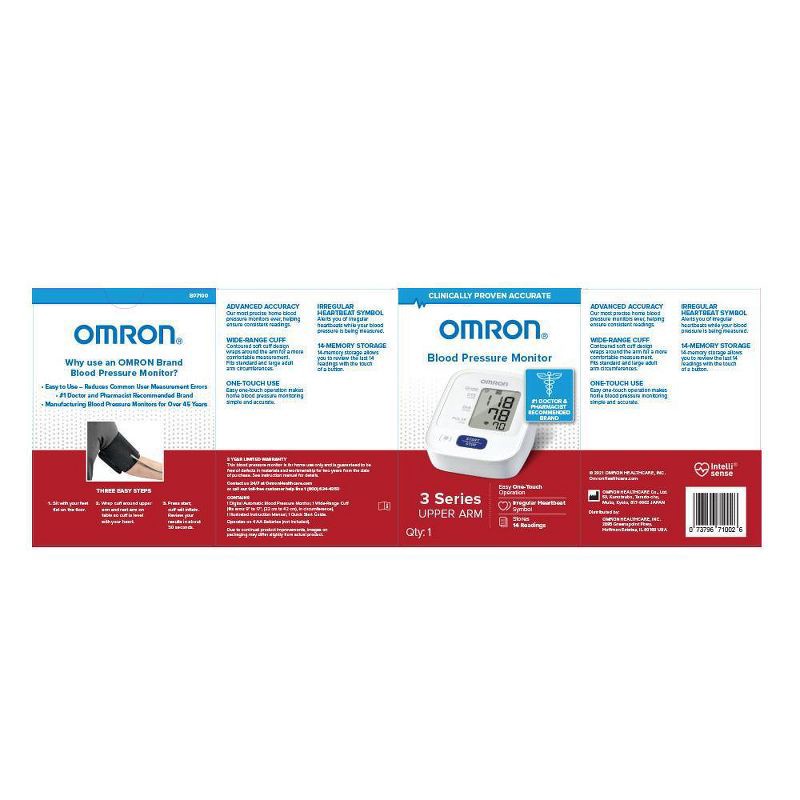 slide 5 of 5, Omron 3 Series Upper Arm Blood Pressure Monitor with Cuff - Fits Standard and Large Arms, 1 ct