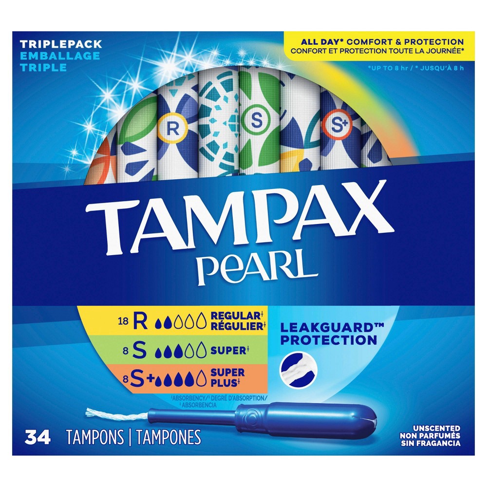 slide 3 of 9, Tampax Pearl TriplePack Tampons - Regular/Super/Super Plus- Unscented - 34ct, 34 ct