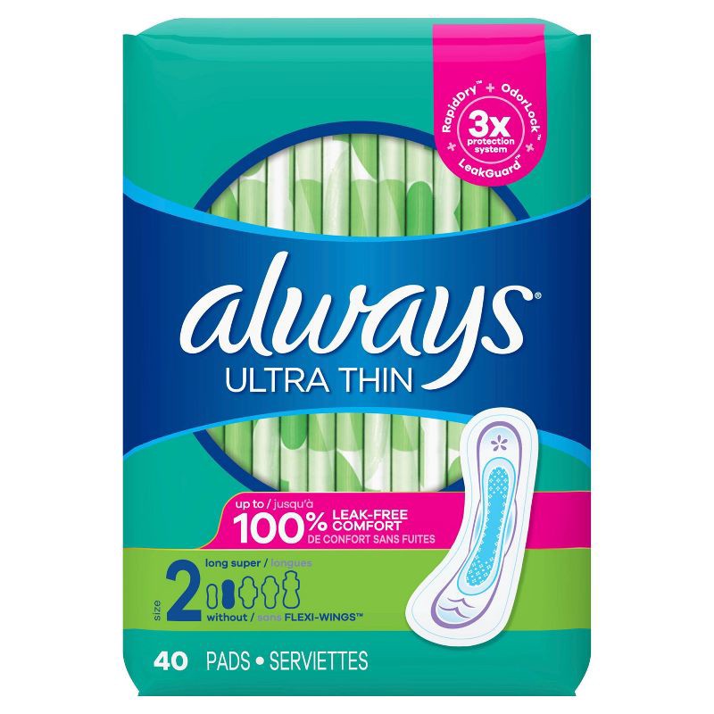 slide 2 of 9, Always Ultra Thin Pads Size 2 Super Long Absorbency Unscented Without Wings - 40ct, 40 ct