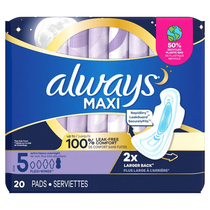 slide 2 of 9, Always Maxi Extra Heavy Overnight Pads with Wings - Size 5 - 20ct, 20 ct