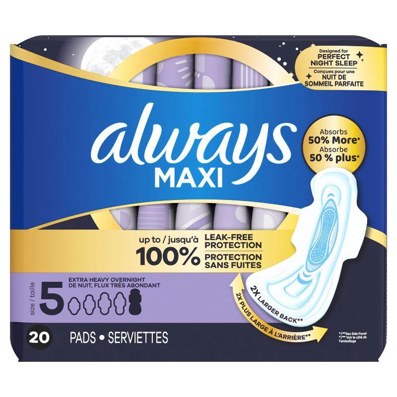 slide 3 of 11, Always Maxi Extra Heavy Overnight Pads with Wings - Size 5 - 20ct, 5 x 20 ct