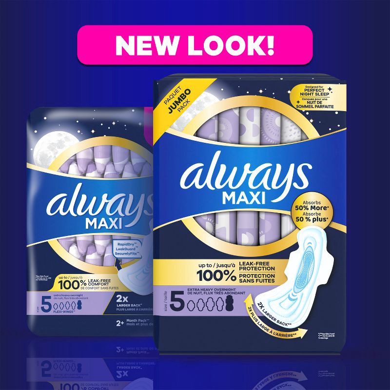 slide 10 of 11, Always Maxi Extra Heavy Overnight Pads with Wings - Size 5 - 20ct, 5 x 20 ct