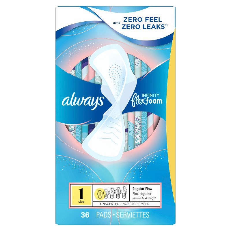 slide 2 of 8, Always Infinity Regular Absorbency FlexFoam Pads for Women - Unscented - Size 1 - 36ct, 36 ct